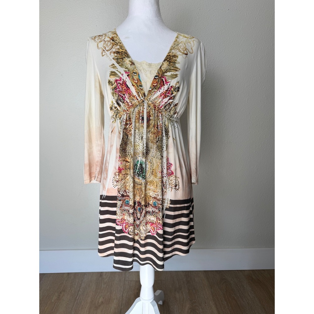 Boho Embellished Tunic Dress Beaded Crystal Crochet Back Festival Resort Size S